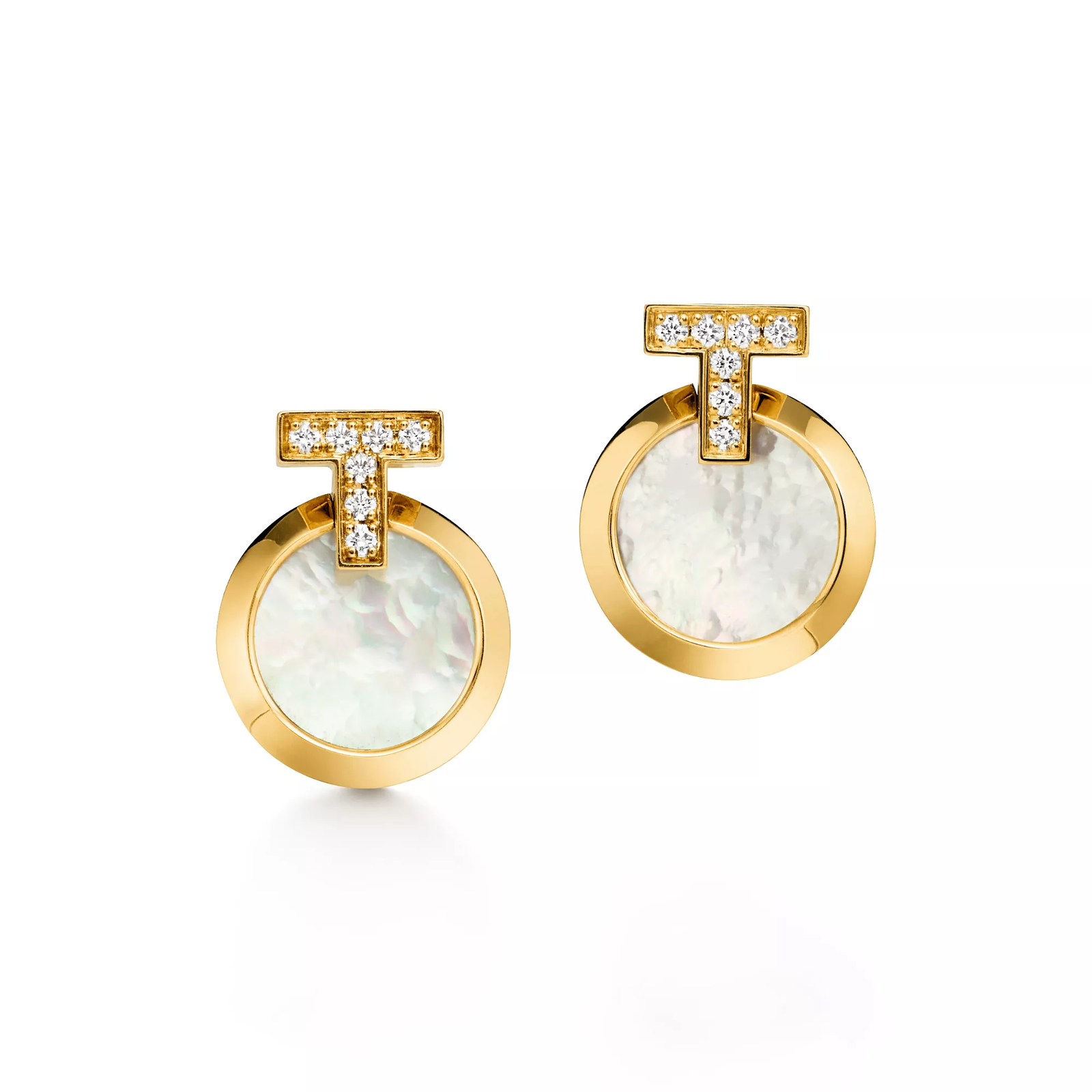 T1 Circle Earrings in Yellow Gold with Mother-of-pearl and Diamonds