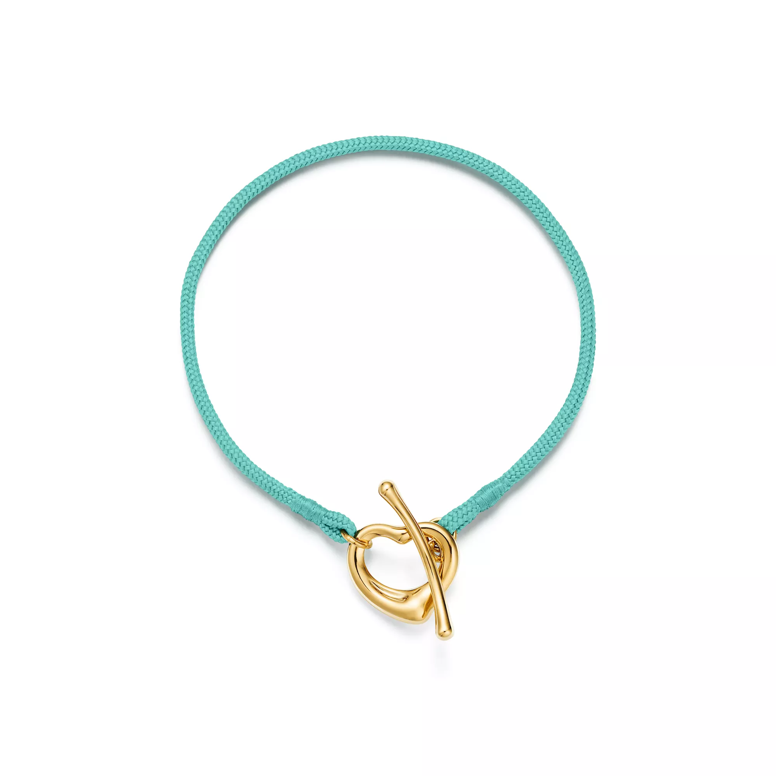 Open Heart Bracelet in Yellow Gold on a Tiffany Blue Silk Cord