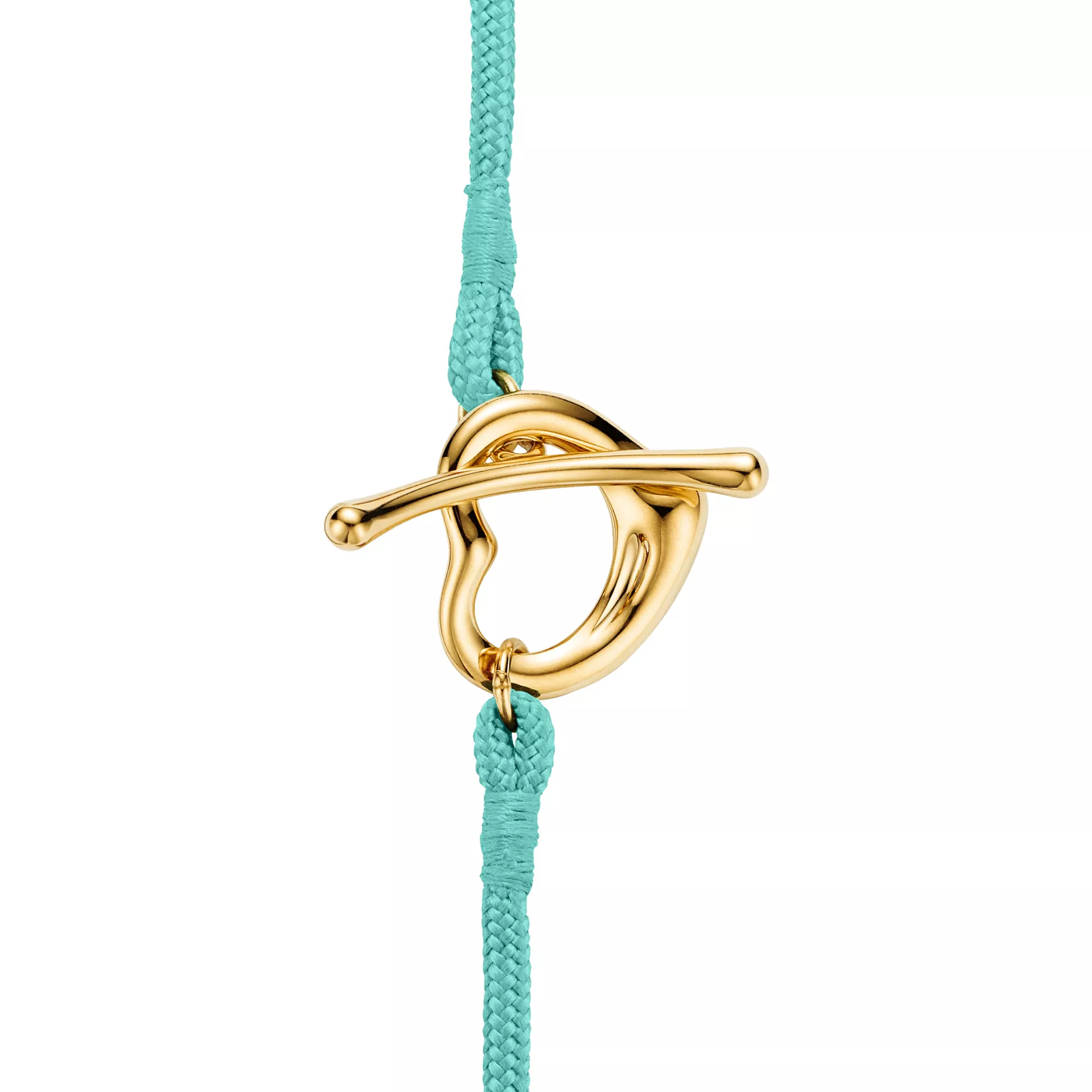 Open Heart Bracelet in Yellow Gold on a Tiffany Blue Silk Cord